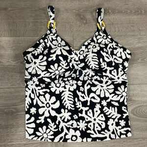 NWOT Lands’ End Black White Tropical Floral Tankini Top Gold Strap Accent 18W